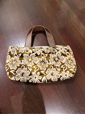 Jean et 🌼 Floral Velvet Leather Chartreuse Olive & Cream Handbag Purse